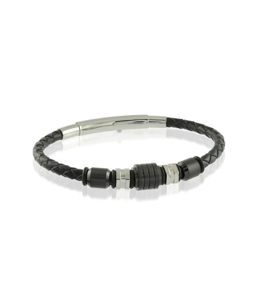 Italgem Steel <br>BRACELET RÉGLABLE EN ACIER INOXYDABLE ET CUIR MÉLANGE DE BILLES